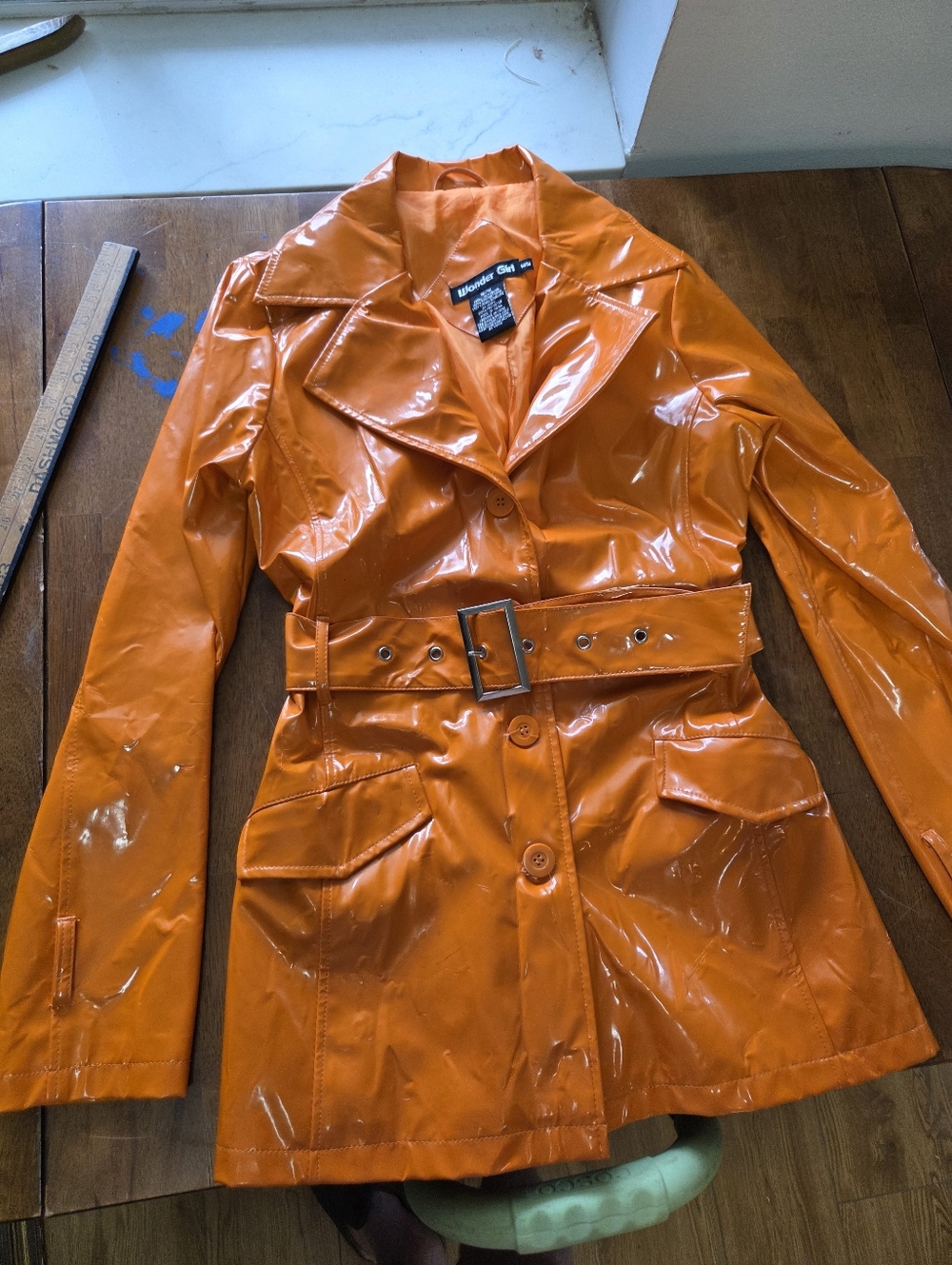 Vintage Wonder Girl Medium Orange Vinyl Rain Coat - Belted  - Picture 5 of 9